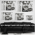 Wall art size comparison chart displaying multiple print dimensions above an average 3-seater sofa