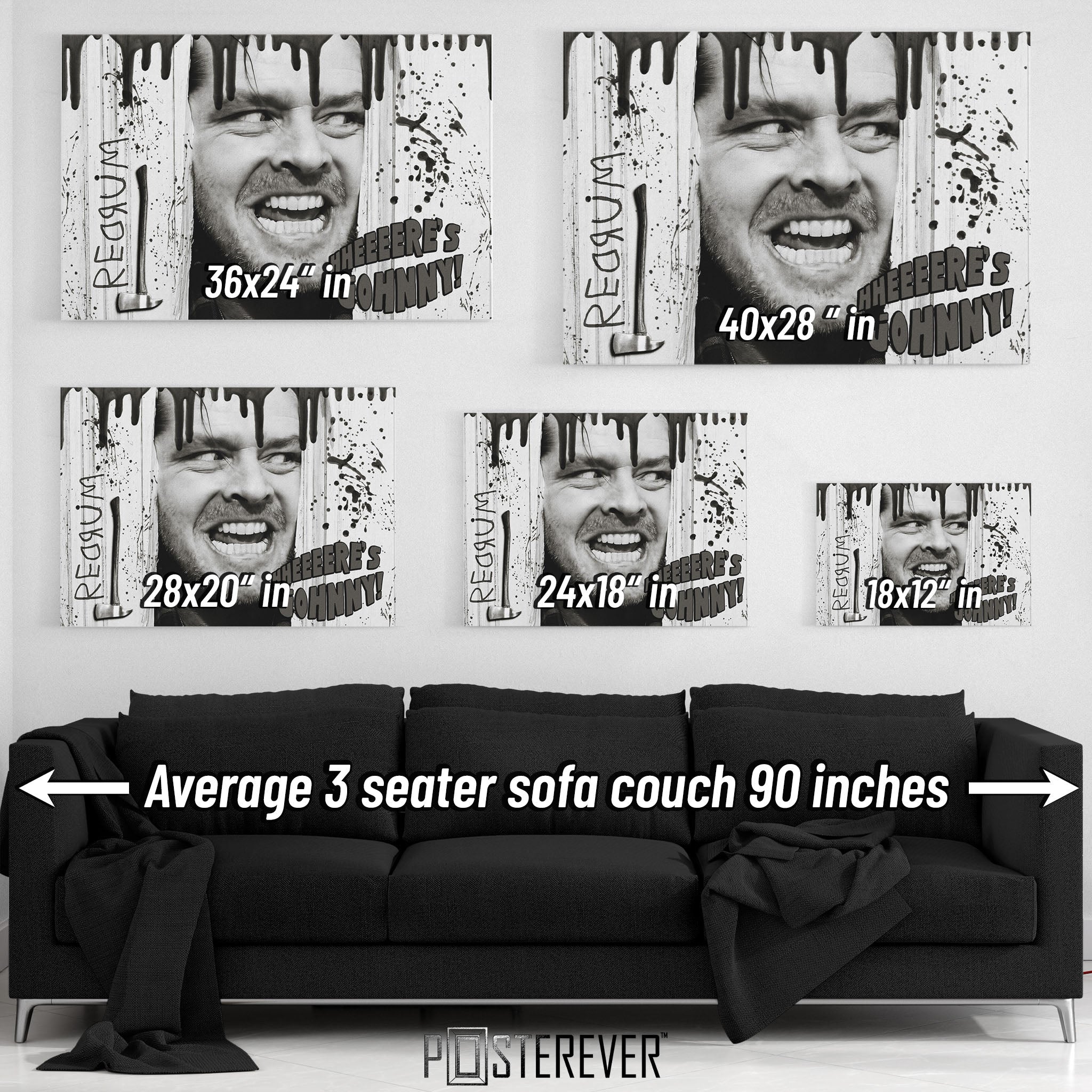 Wall art size comparison chart displaying multiple print dimensions above an average 3-seater sofa