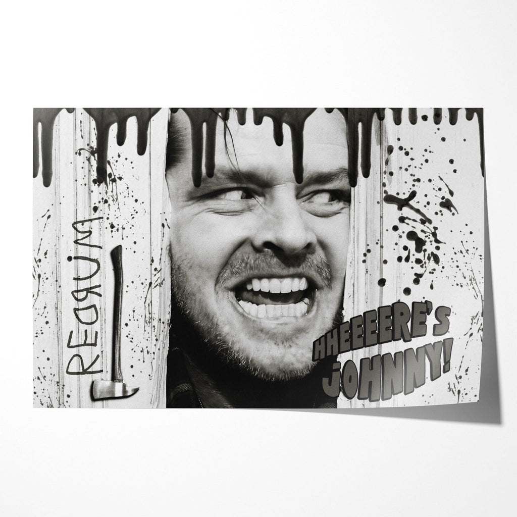 The Shining Here's Johnny 1980 axe scene black and white poster art with REDRUM and splatter, unframed poster preview