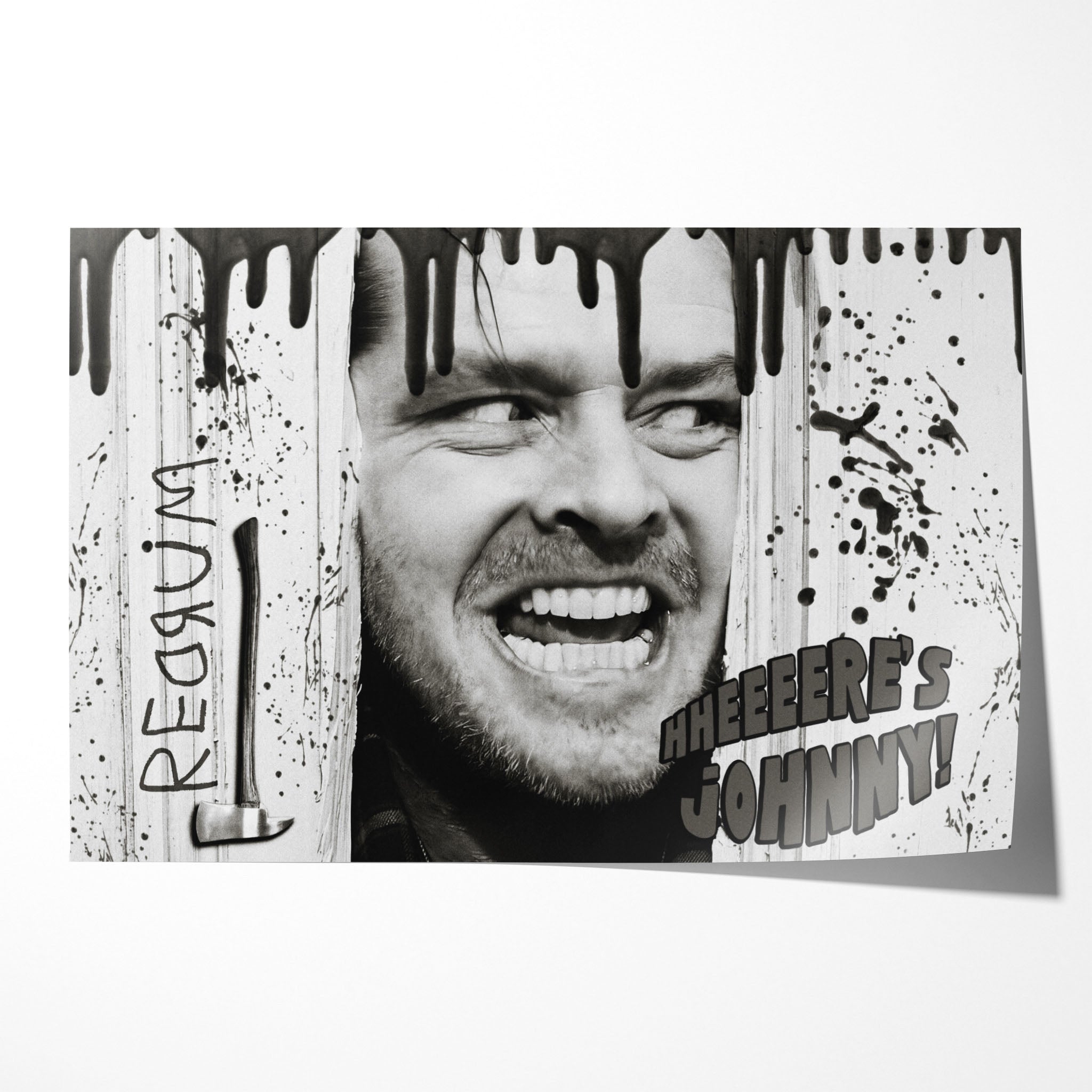 The Shining Here's Johnny 1980 axe scene black and white poster art with REDRUM and splatter, unframed poster preview