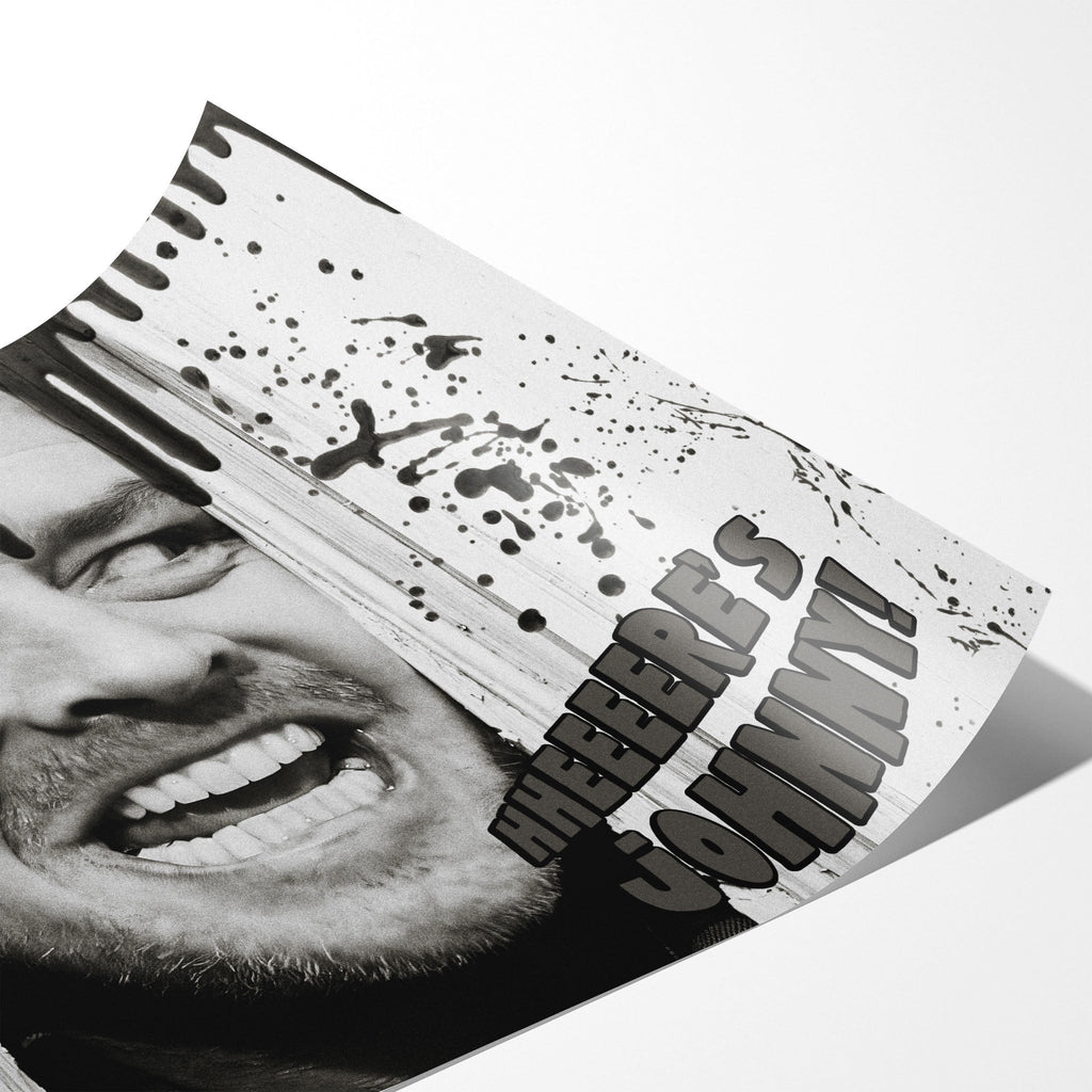 Angled close-up of the unframed Shining Here's Johnny black and white poster showing paper detail
