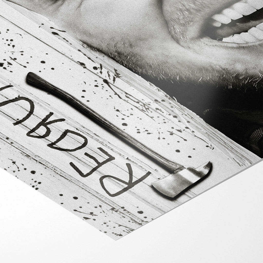 Front close-up of the unframed Shining Here's Johnny axe scene black and white poster print
