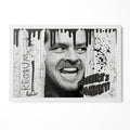 The Shining Here's Johnny axe scene black and white poster with Jack Torrance in a classic white poster frame