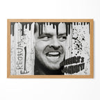 The Shining Here's Johnny axe scene black and white poster with Jack Torrance in a natural oak poster frame