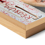Corner close-up of the Shining Here's Johnny poster in a natural oak frame