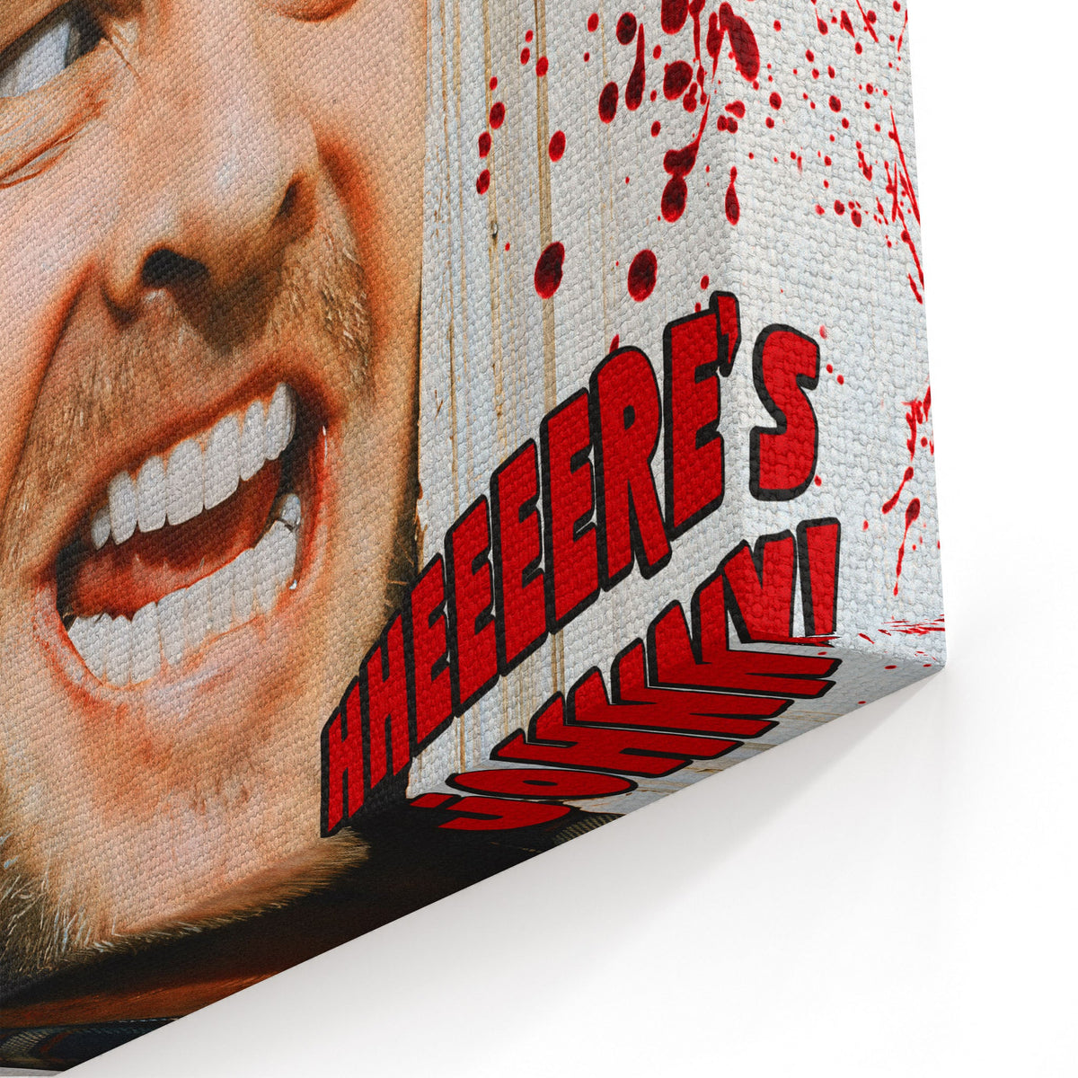 Close-up of the gallery-wrapped canvas edge on the Shining Here's Johnny print