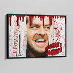 Angled view of the Shining Here's Johnny canvas in a black floating frame