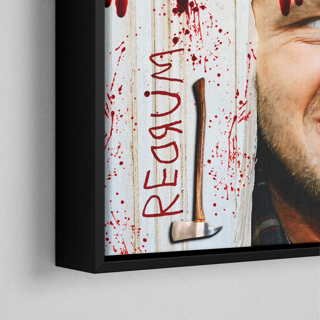 Corner close-up of the black floating frame on the Shining Here's Johnny canvas