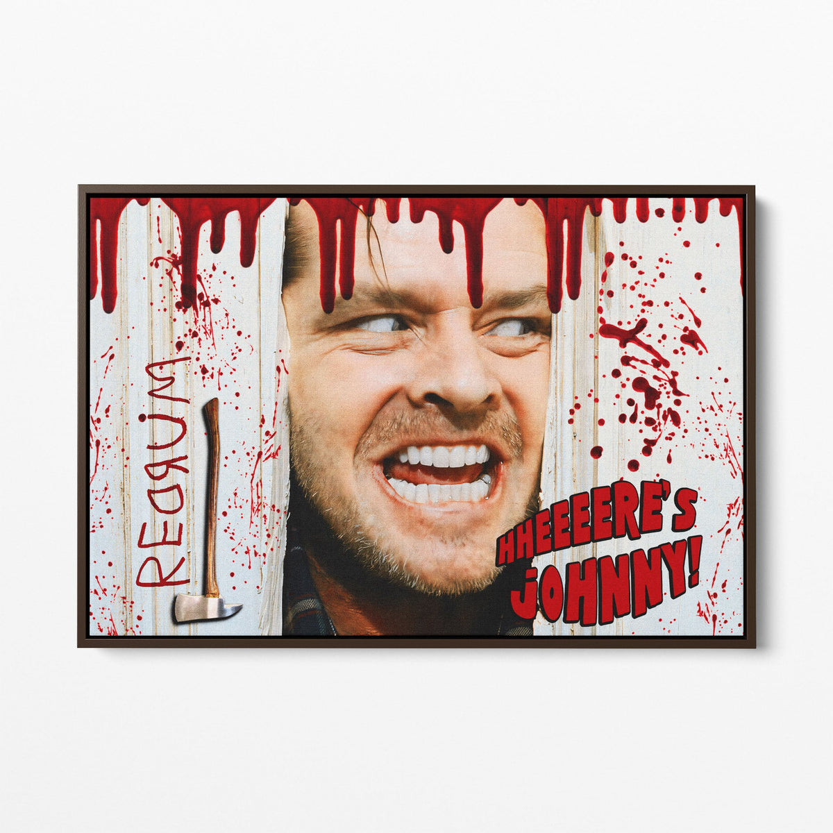 Front view of the Shining Here's Johnny canvas in a dark walnut floating frame