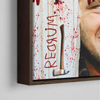 Corner close-up of the dark walnut floating frame on the Shining Here's Johnny canvas