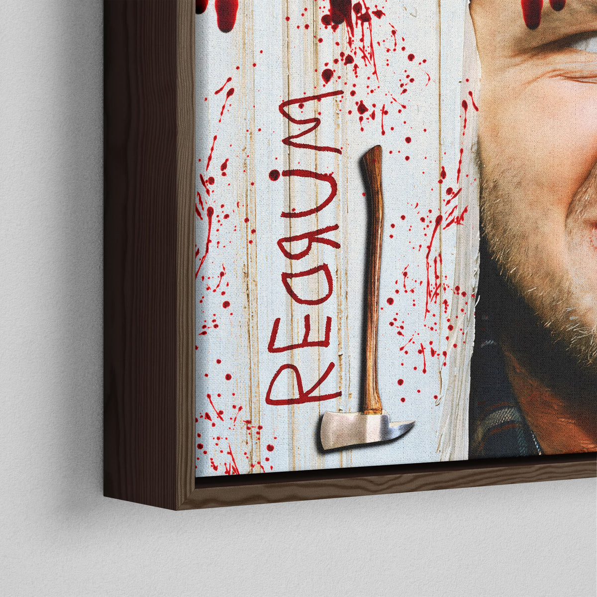 Corner close-up of the dark walnut floating frame on the Shining Here's Johnny canvas