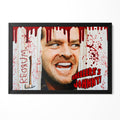 The Shining Here's Johnny axe scene poster with Jack Torrance and blood splatter in a classic black poster frame