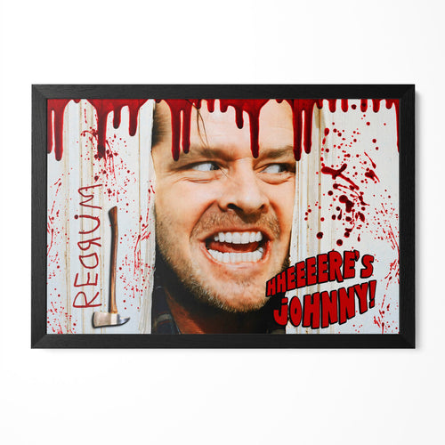 The Shining Here's Johnny axe scene poster with Jack Torrance and blood splatter in a classic black poster frame