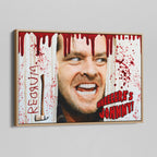 Angled view of the Shining Here's Johnny canvas in a natural oak floating frame
