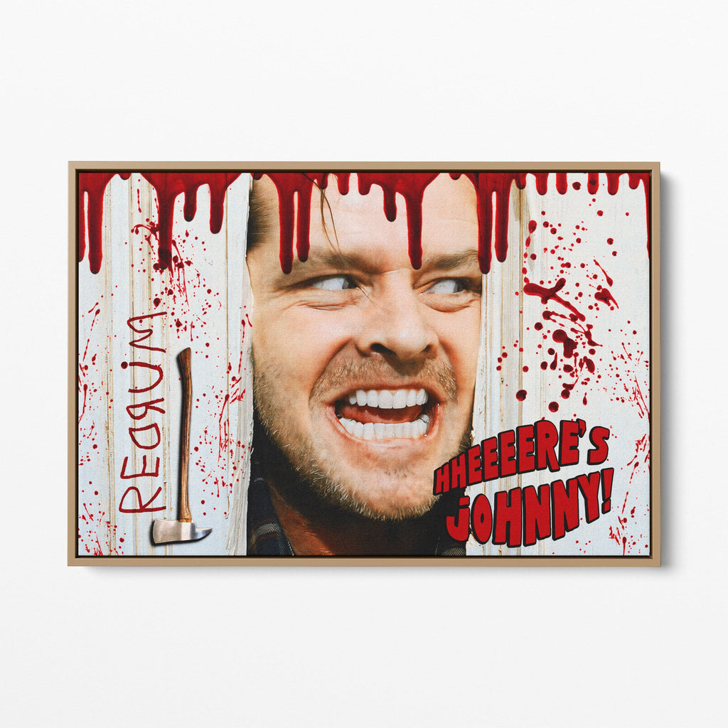 Front view of the Shining Here's Johnny canvas in a natural oak floating frame
