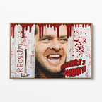 Front view of the Shining Here's Johnny canvas in a natural oak floating frame