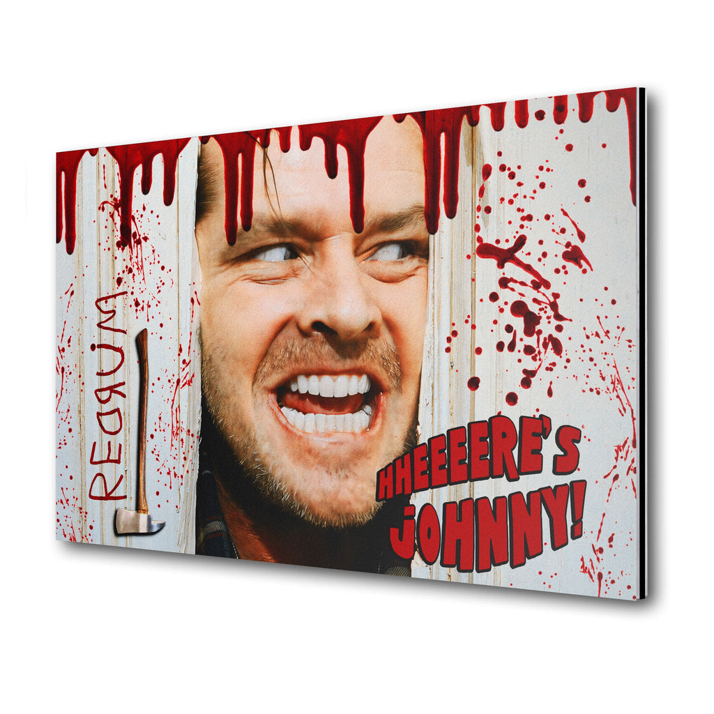 The Shining Here's Johnny axe scene poster on sleek aluminium metal
