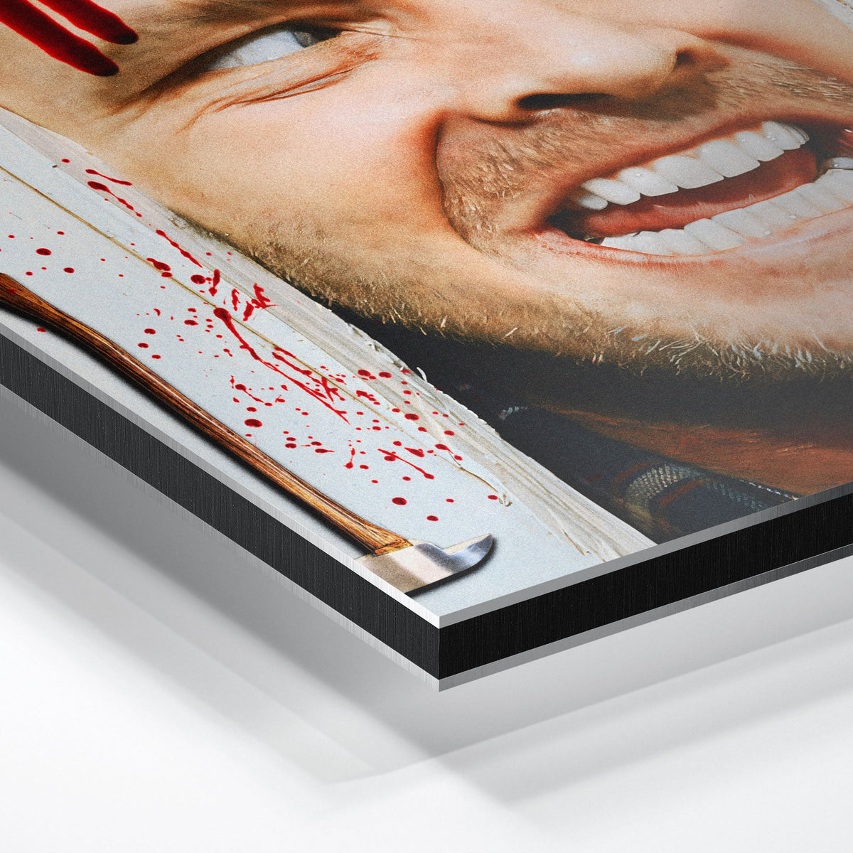 Close-up of the aluminium edge on the Shining Here's Johnny metal print