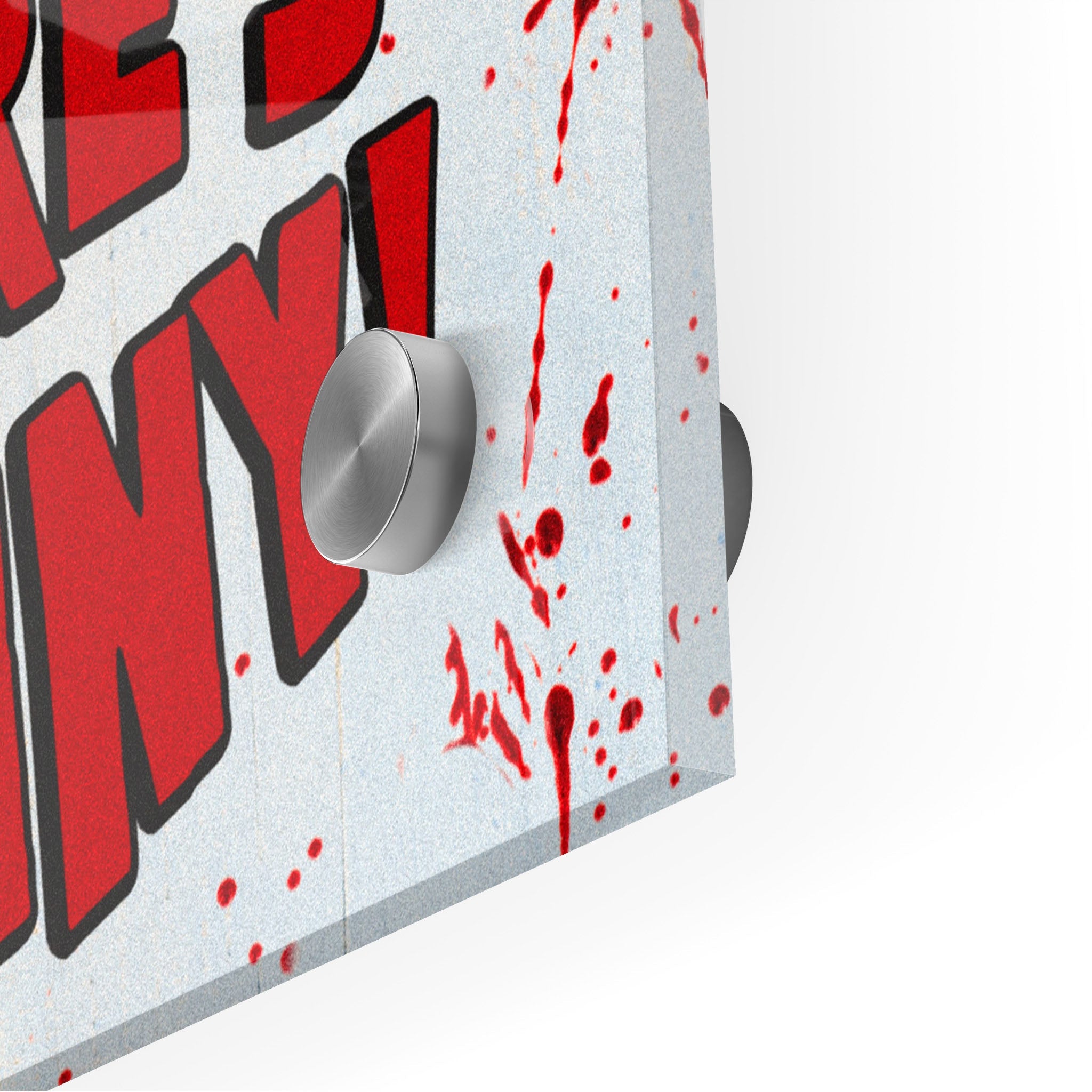 Close-up of the glossy edge and depth of the Shining Here's Johnny acrylic print