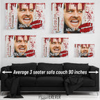 Wall art size comparison chart displaying multiple print dimensions above an average 3-seater sofa