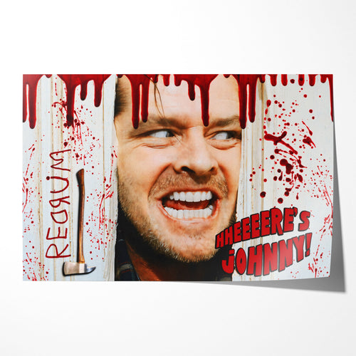 The Shining Here's Johnny 1980 axe scene colour poster art with REDRUM and blood splatter, unframed poster preview