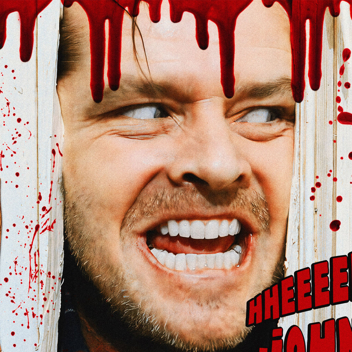 Medium zoom highlighting the bold colour and blood-splatter detail of the Shining Here's Johnny print