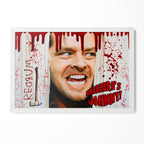 The Shining Here's Johnny axe scene poster with Jack Torrance and blood splatter in a classic white poster frame
