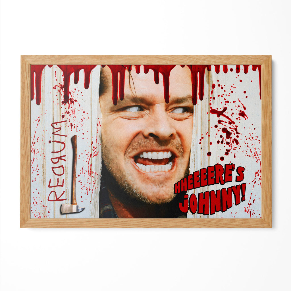The Shining Here's Johnny axe scene poster with Jack Torrance and blood splatter in a natural oak poster frame