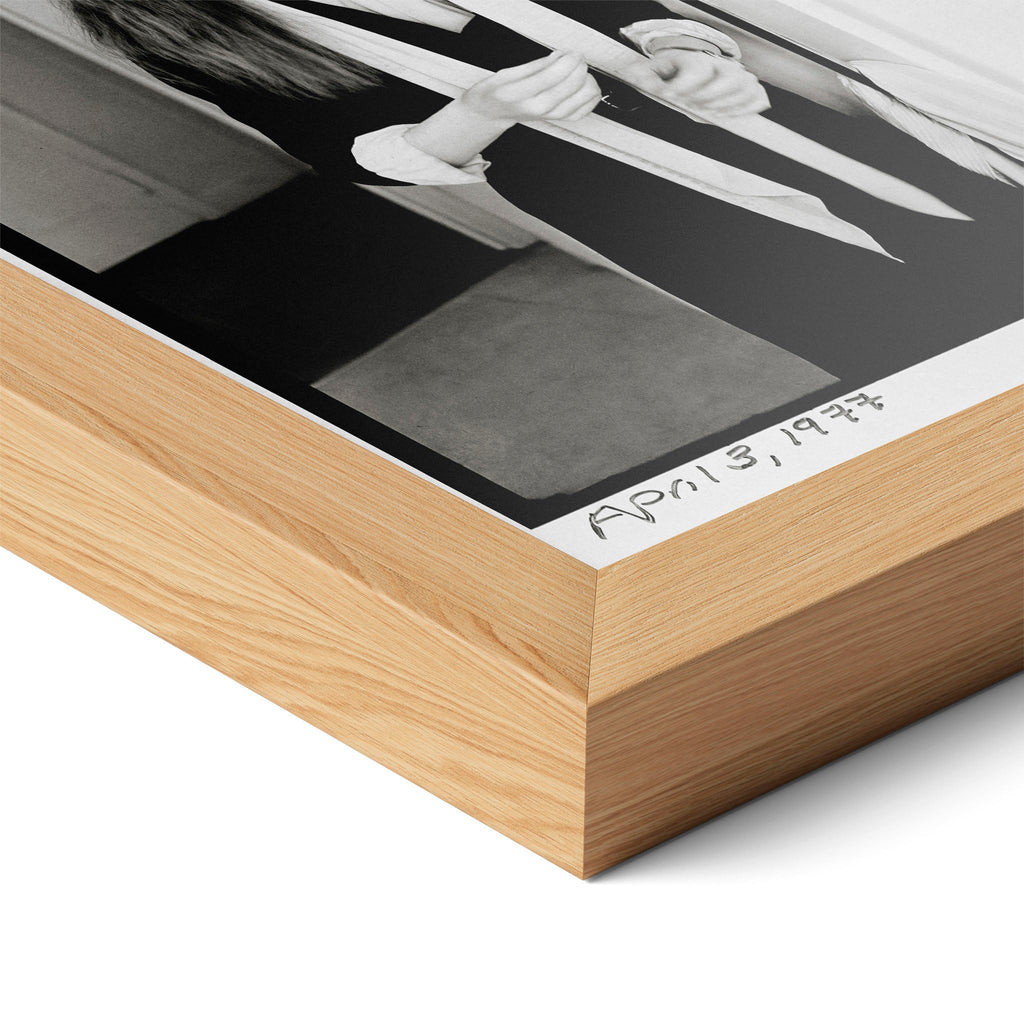 Close-up of the natural oak frame on the Diane Keaton black and white poster