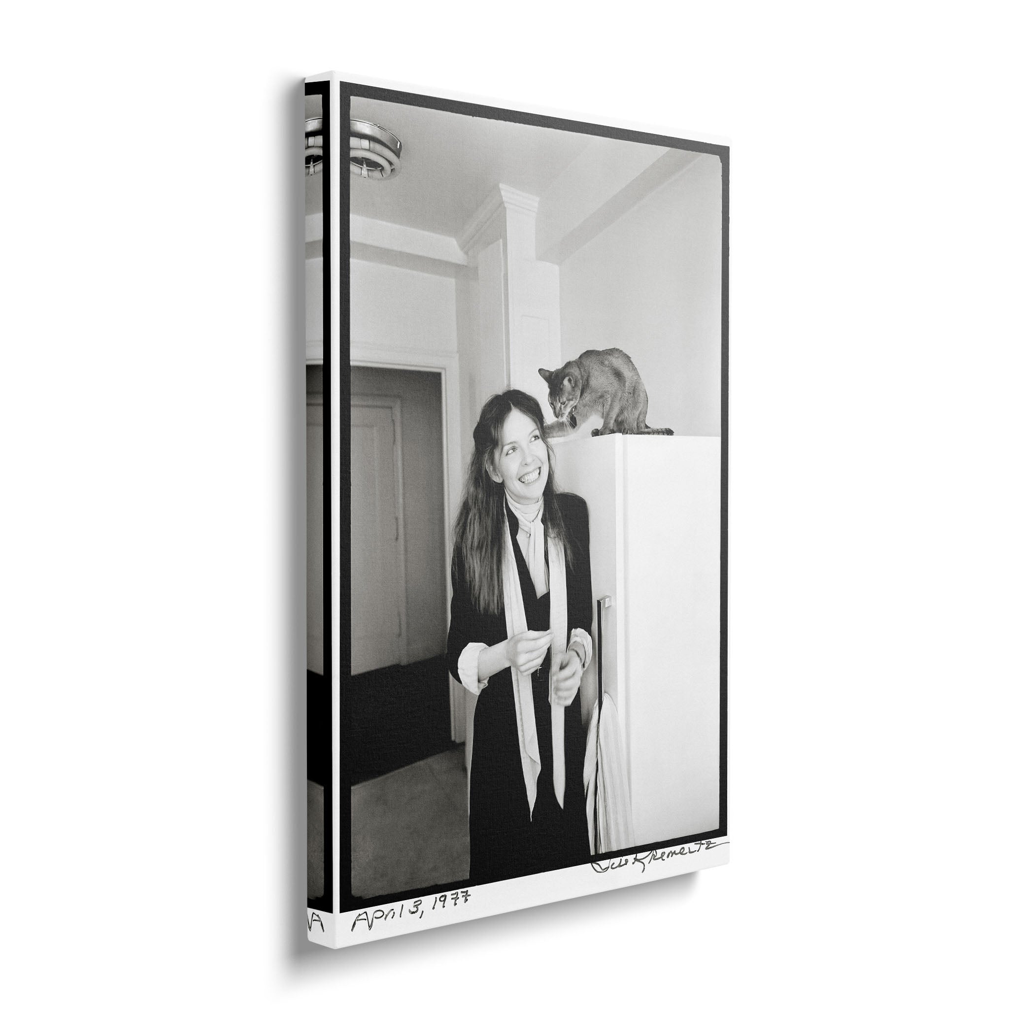 Gallery-wrapped black and white canvas of Diane Keaton with her cat displayed on a wall