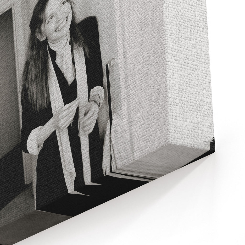 Close-up of the gallery-wrapped canvas edge on the Diane Keaton black and white print