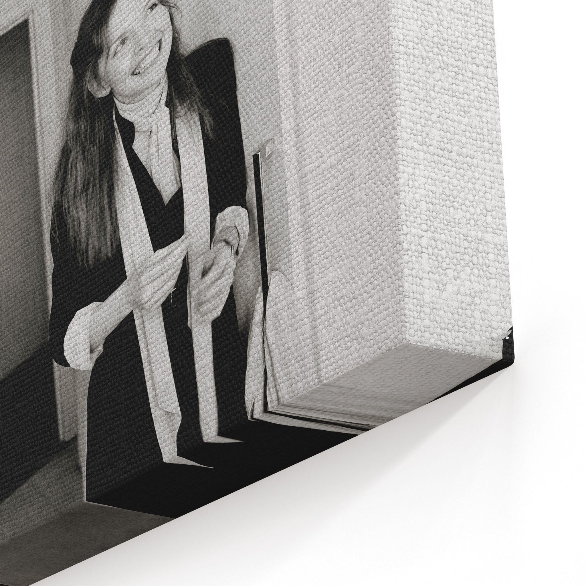 Close-up of the gallery-wrapped canvas edge on the Diane Keaton black and white print
