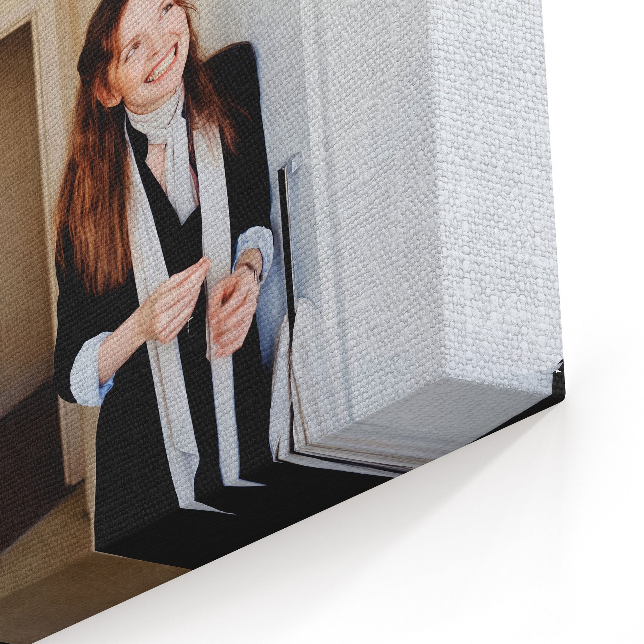 Close-up of the gallery-wrapped canvas edge on the Diane Keaton colour print