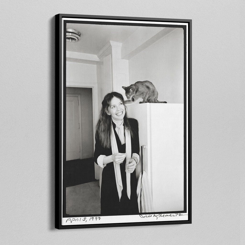 Angled view of the Diane Keaton black and white canvas in a black floating frame