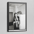 Angled view of the Diane Keaton black and white canvas in a black floating frame