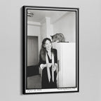 Angled view of the Diane Keaton black and white canvas in a black floating frame