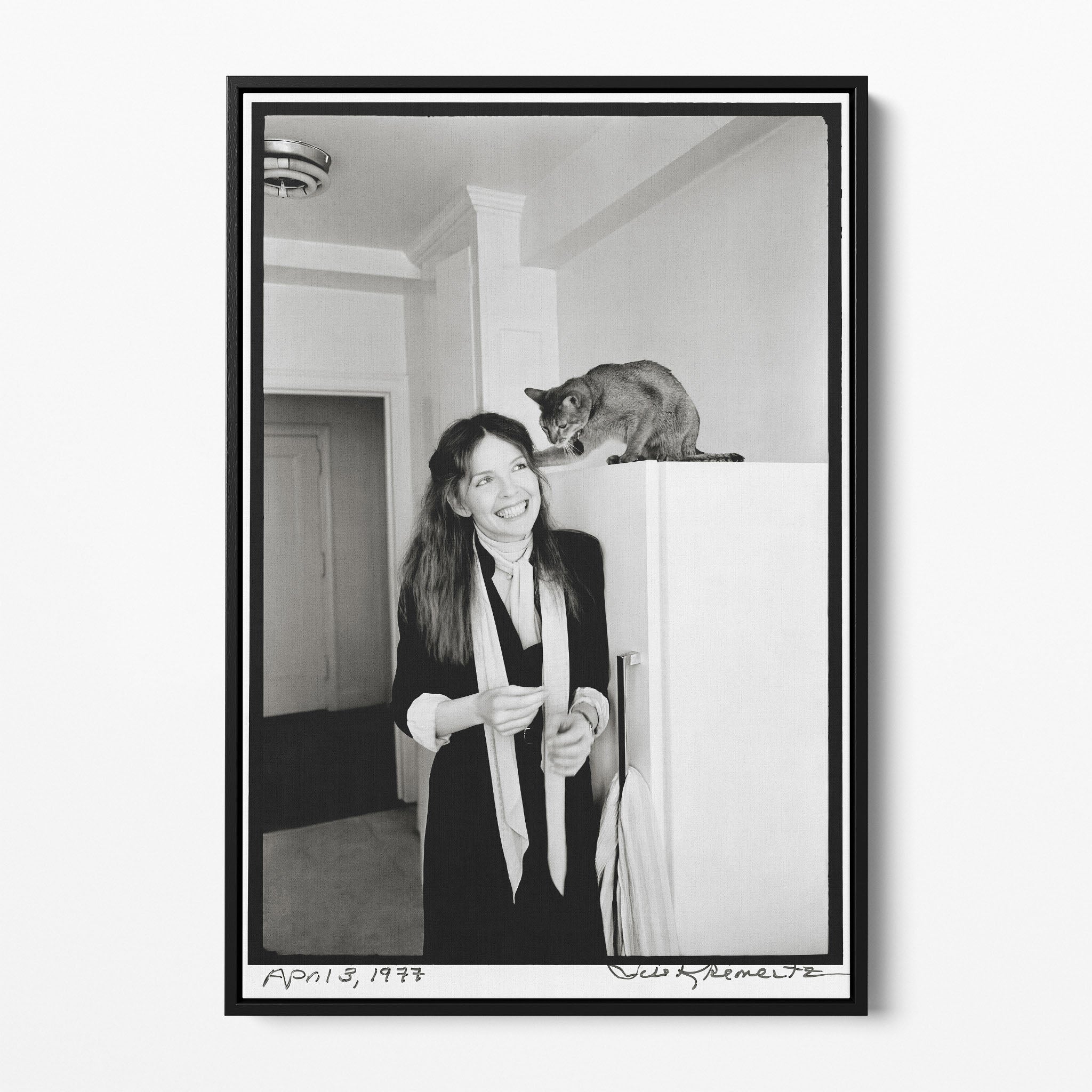 Front display of the Diane Keaton black and white canvas in a black floating frame