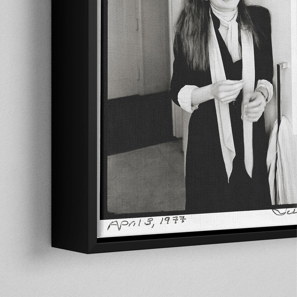 Corner close-up of the black floating frame on the Diane Keaton canvas