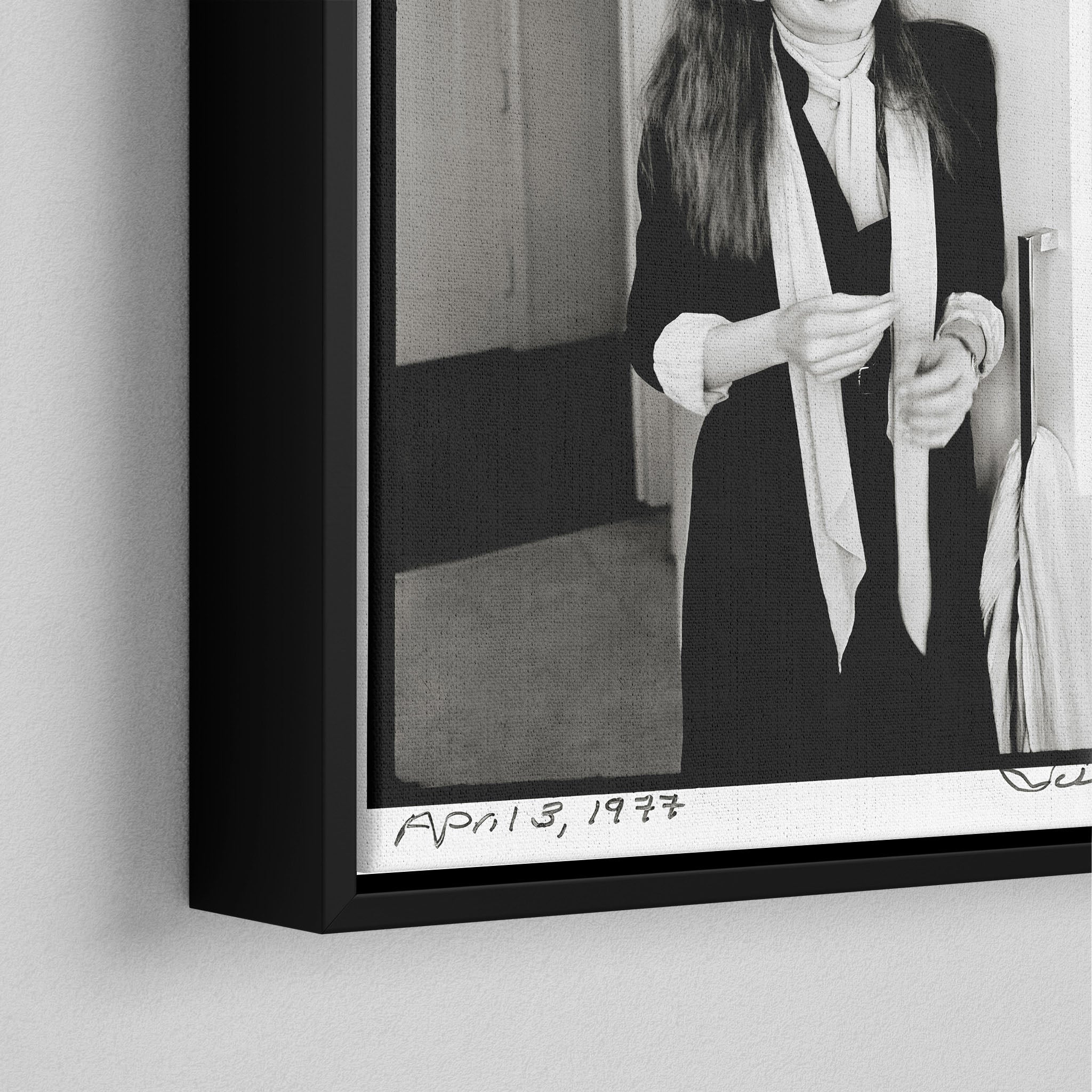 Corner close-up of the black floating frame on the Diane Keaton canvas