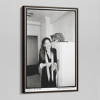 Angled view of the Diane Keaton black and white canvas in a dark walnut floating frame