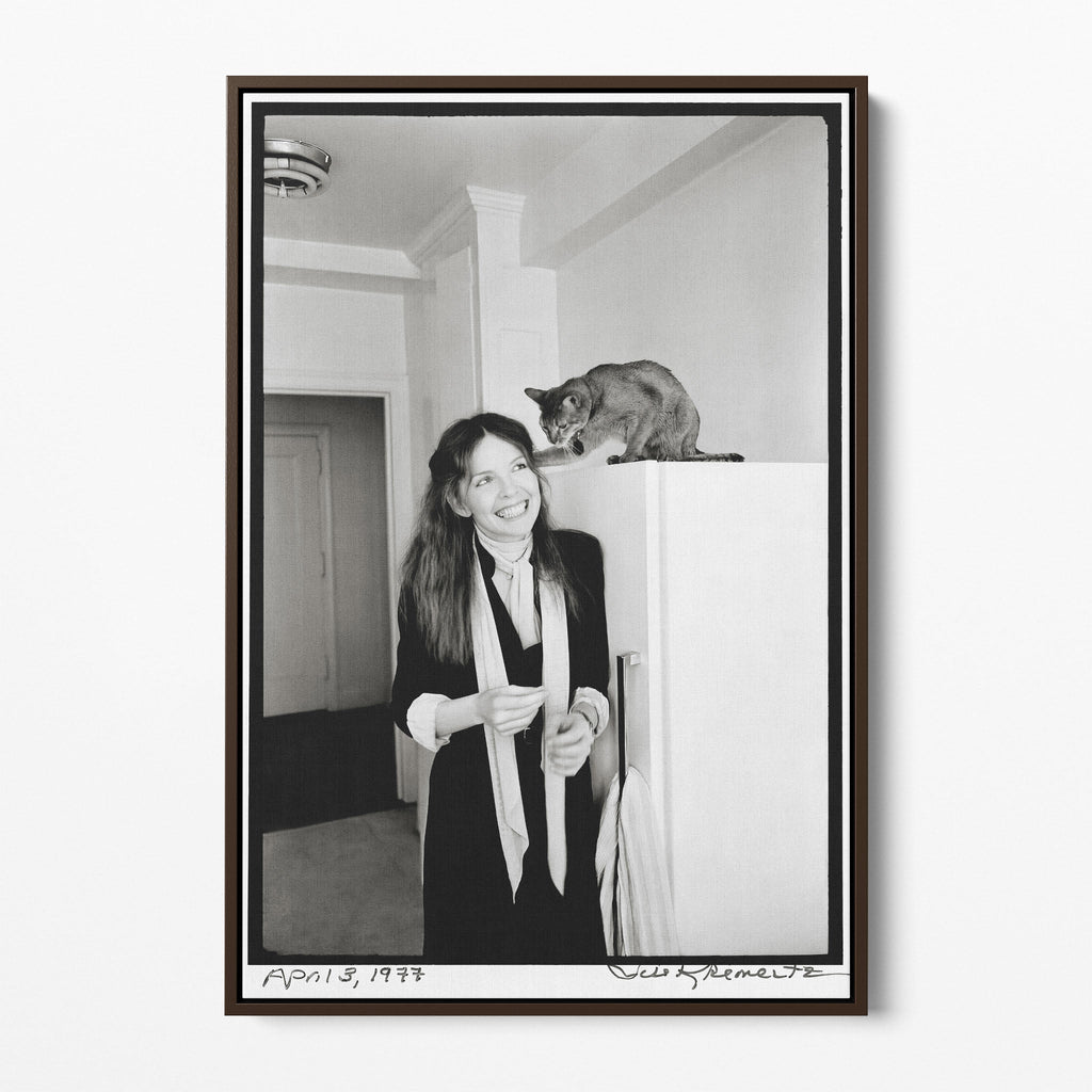 Front display of the Diane Keaton black and white canvas in a dark walnut floating frame