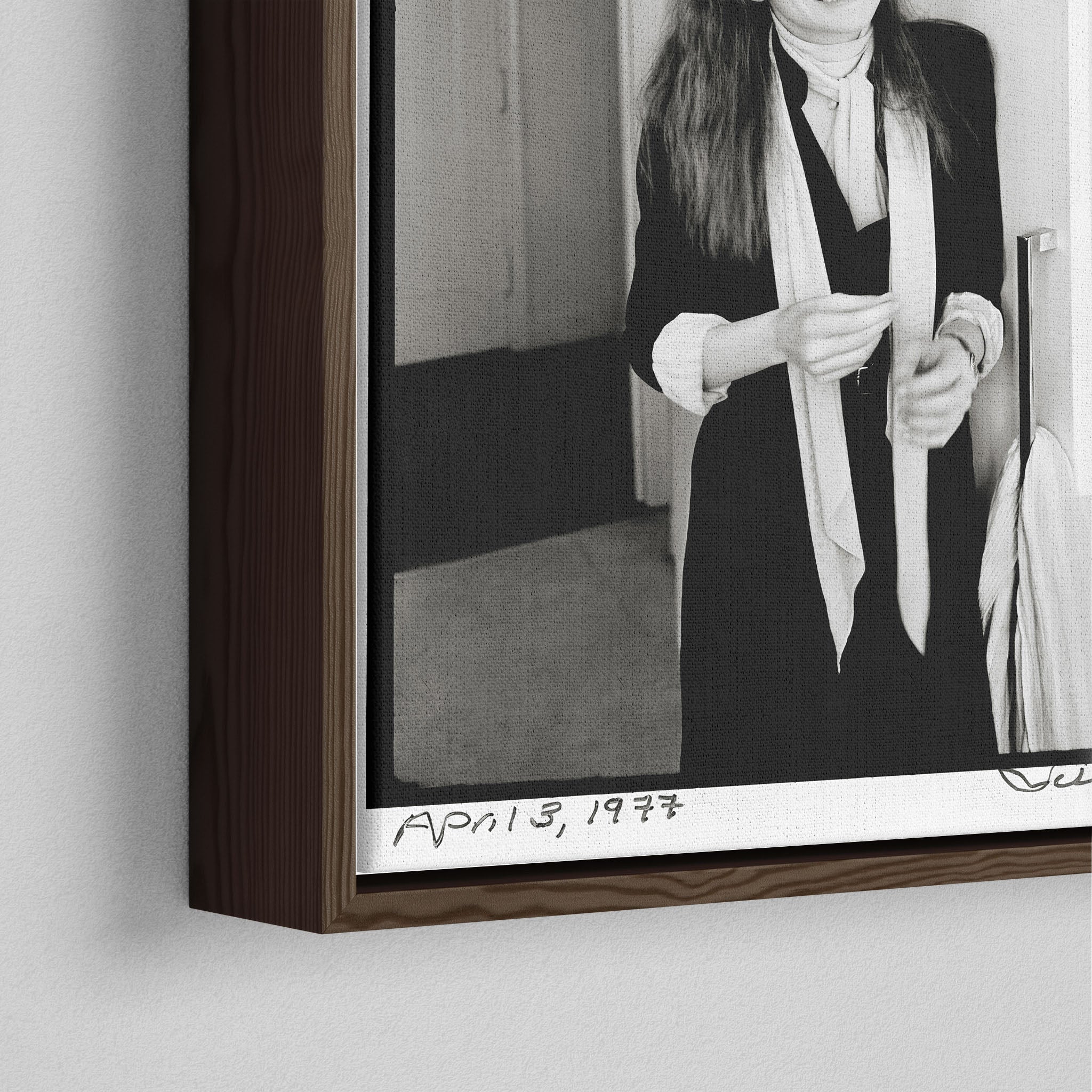 Close-up of the dark walnut floating frame on the Diane Keaton canvas