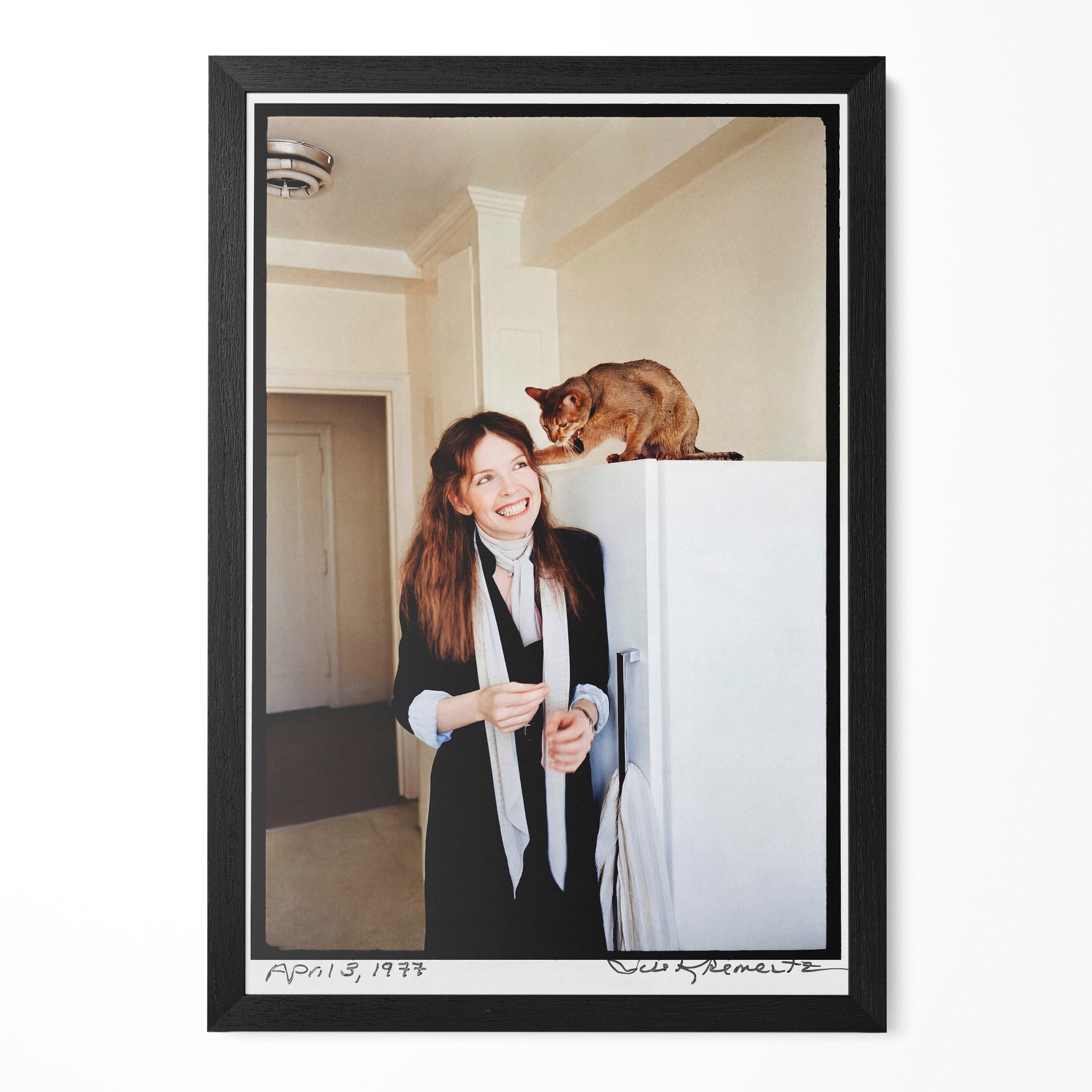 Diane Keaton 1977 San Remo colour portrait with her cat in a classic black poster frame