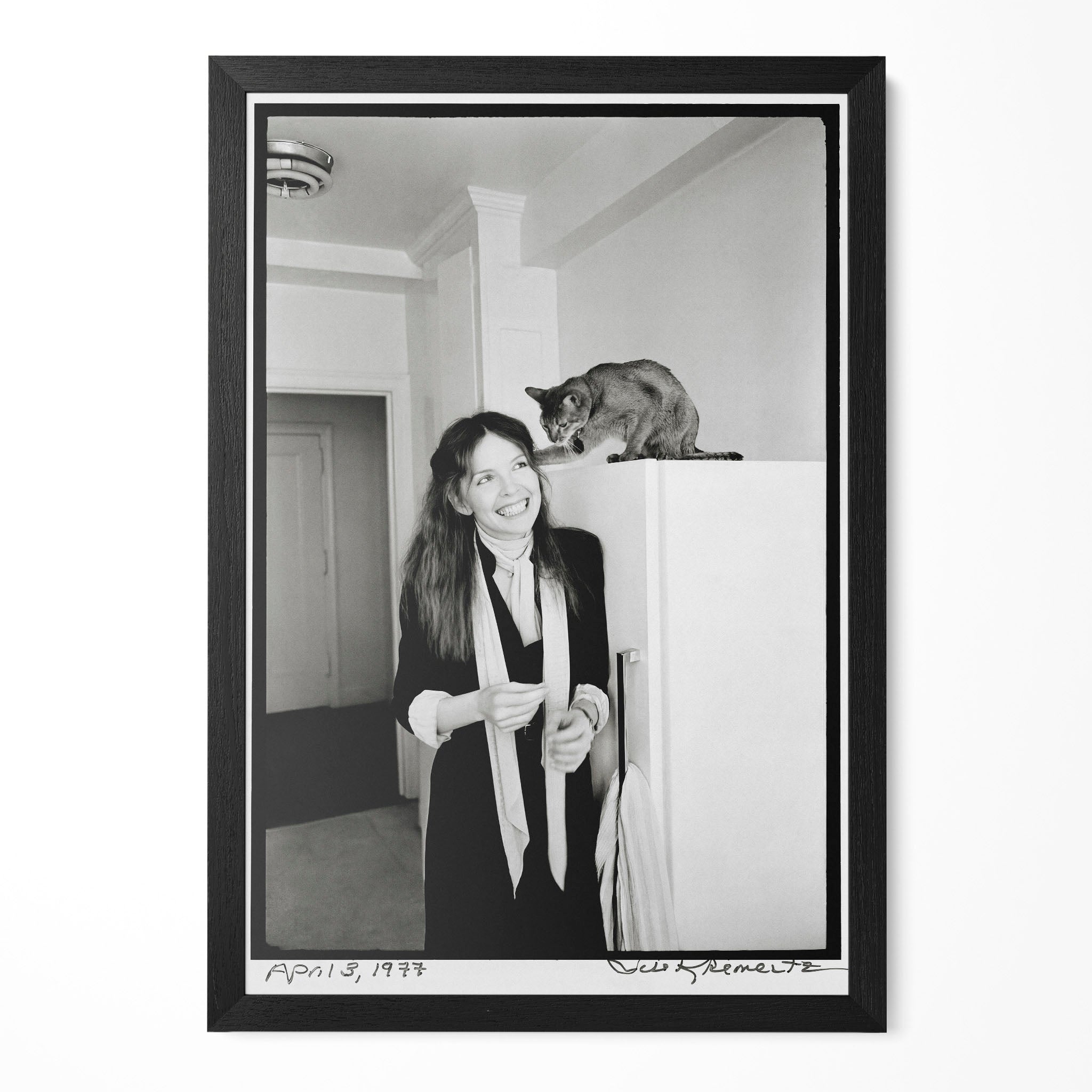 Diane Keaton 1977 San Remo black and white portrait with her cat in a classic black poster frame