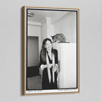 Angled view of the Diane Keaton black and white canvas in a natural oak floating frame
