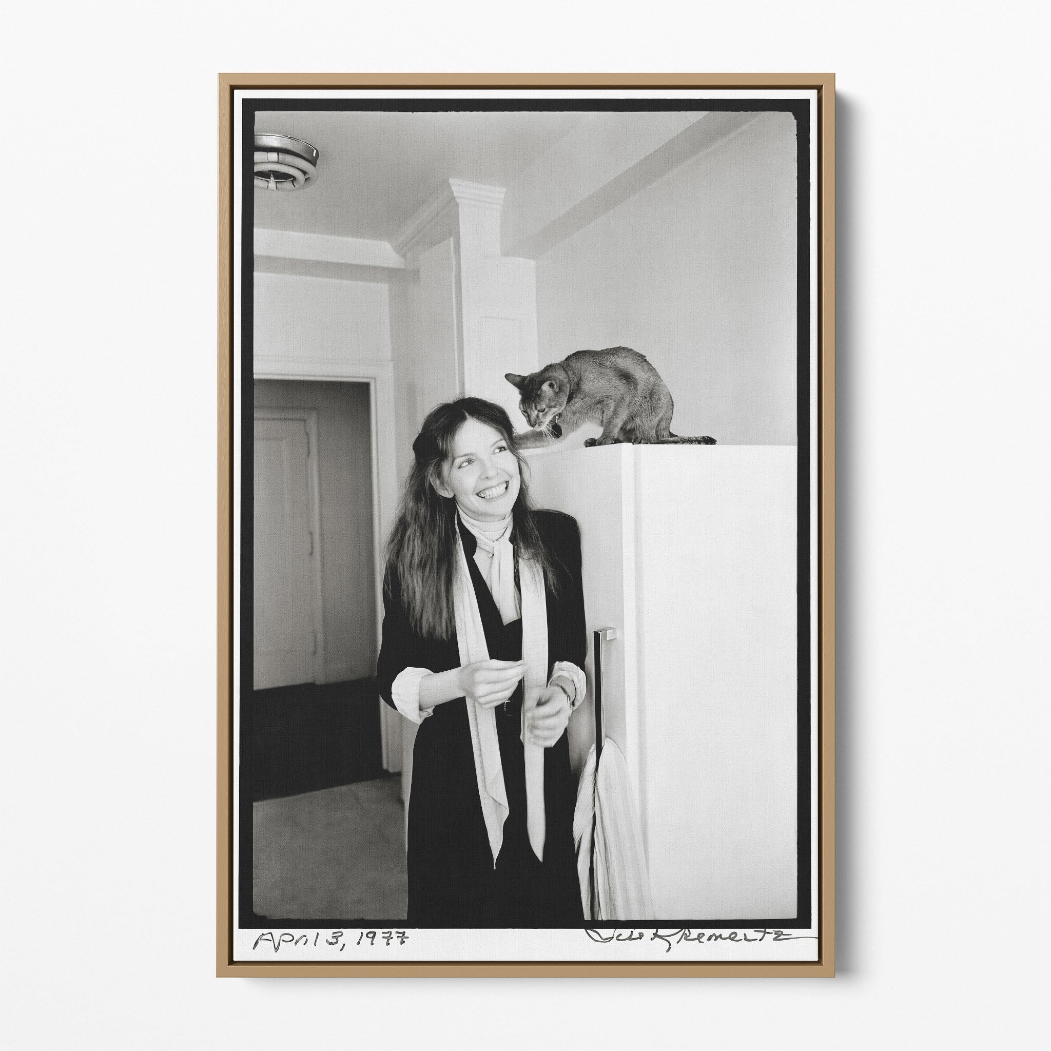 Front display of the Diane Keaton black and white canvas in a natural oak floating frame