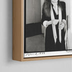 Corner close-up of the natural oak floating frame on the Diane Keaton canvas