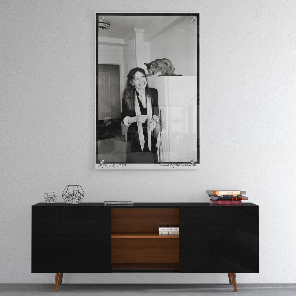 High-gloss acrylic black and white print of Diane Keaton displayed on a wall