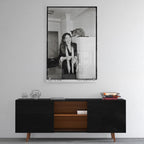 High-gloss acrylic black and white print of Diane Keaton displayed on a wall
