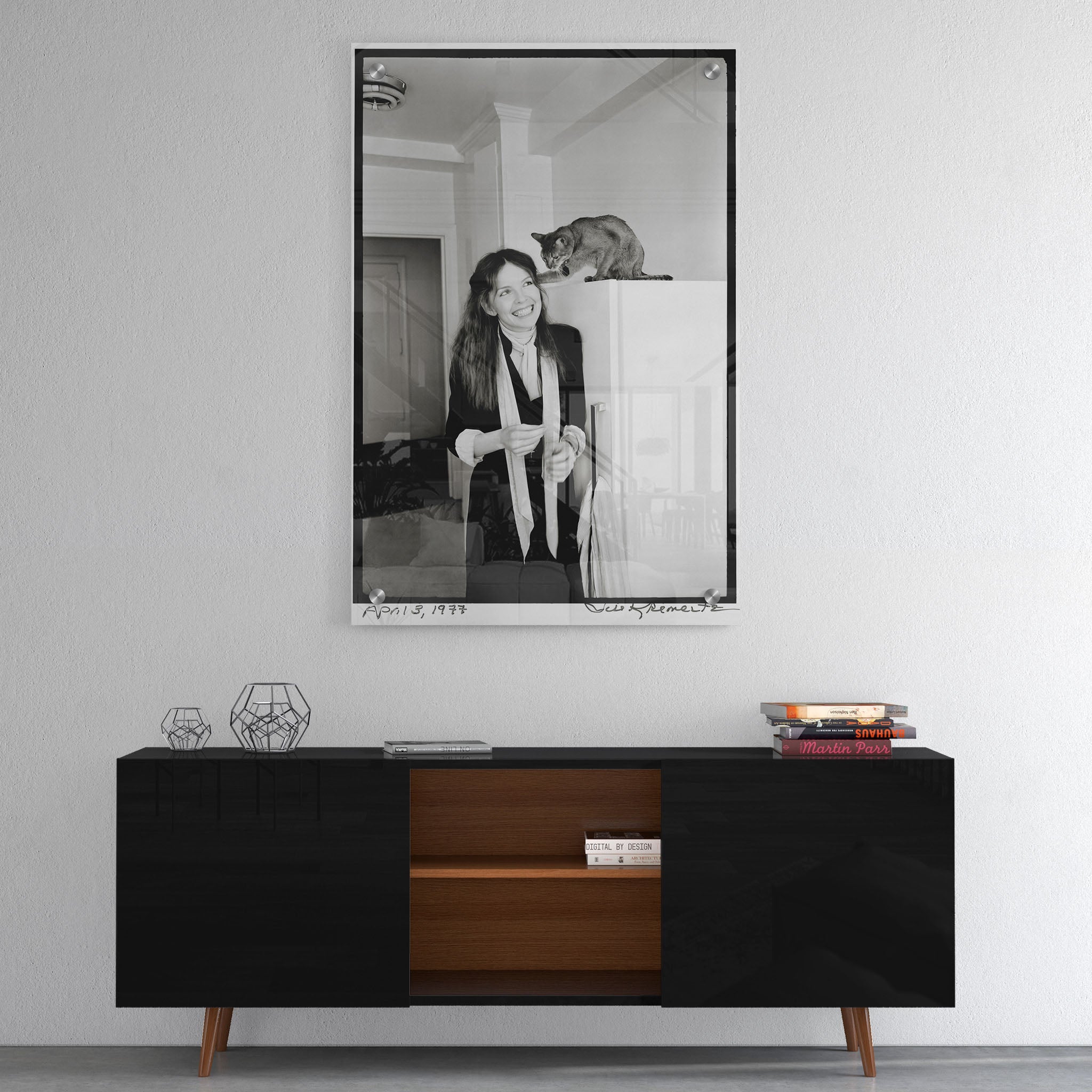 High-gloss acrylic black and white print of Diane Keaton displayed on a wall